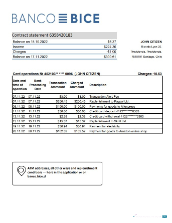 Download Chile Banco Bice bank statement excel Photoshop template